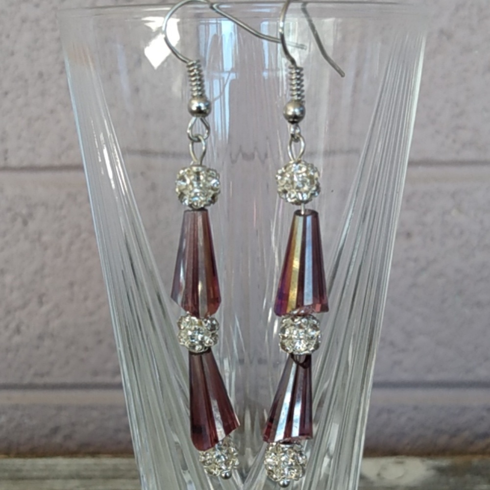 Iridescent Dark Pink and White Crystal Cluster Ear